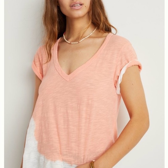 Anthropologie Left Of Center Ombre Dip Dyed Tee Coral/White XS - Picture 2 of 6